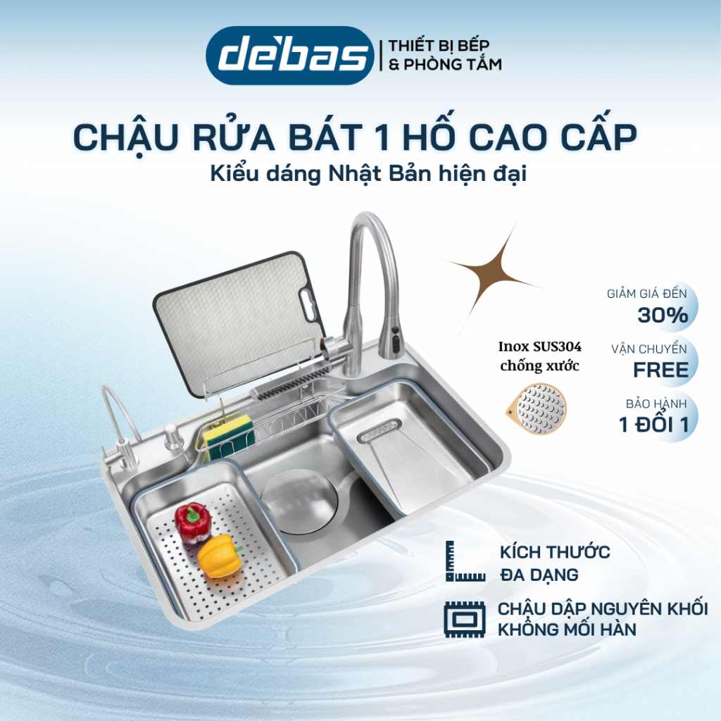 Chậu Rửa Bát 1 Hố DEBAS Inox 304 Đúc Kiểu Nhật Bản Chống Xước Hiện Đại