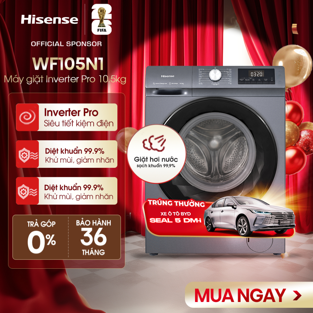 Máy giặt Hisense Inverter WF105N1 10.5 kg Cửa trước, màu xám titan