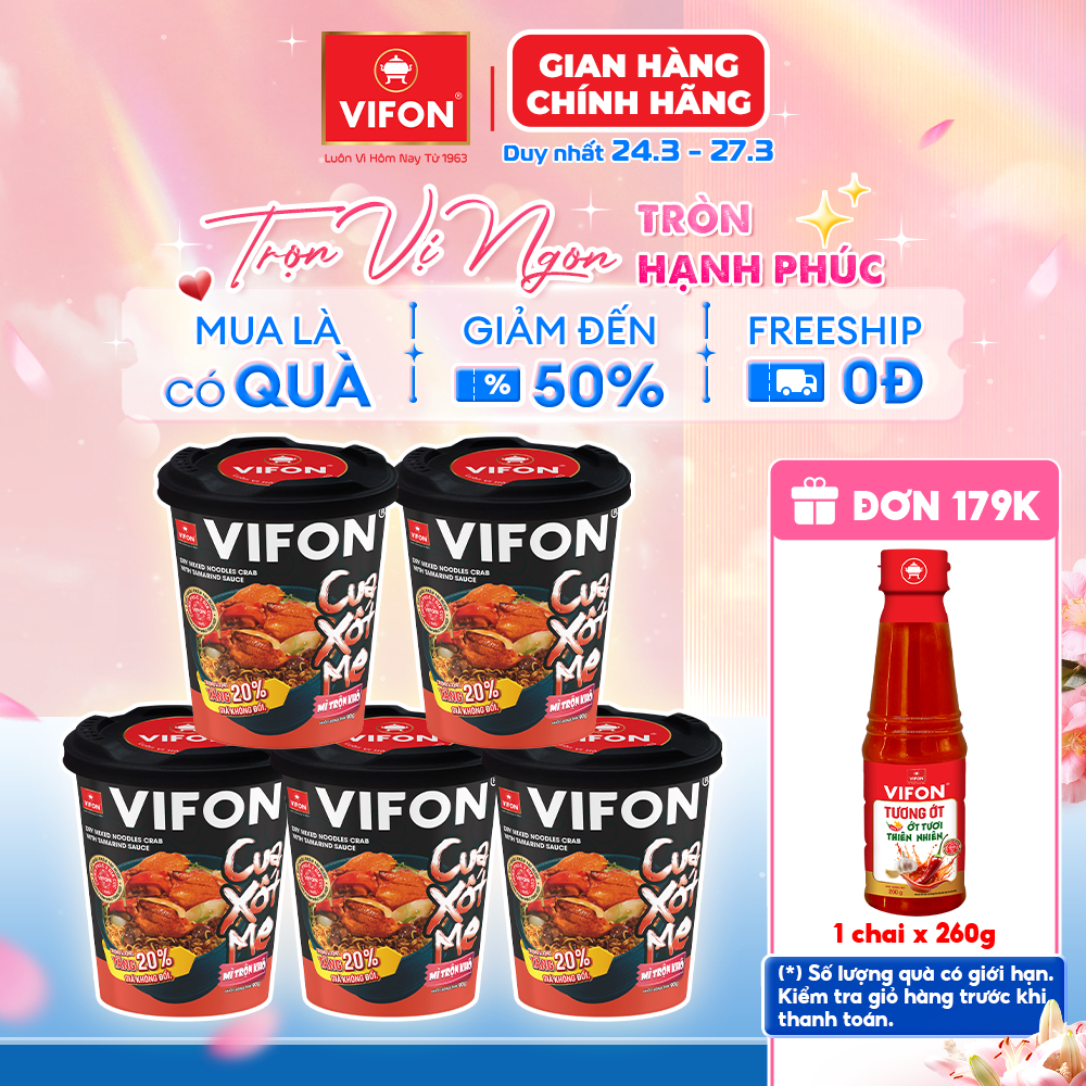 [VOUCHER 15%] Set 5 Ly Mì Trộn VIFON 90g Vị Tôm Cháy Tỏi / Cua Xốt Me Sốt Đậm Đà Có Nắp Chắt Nước