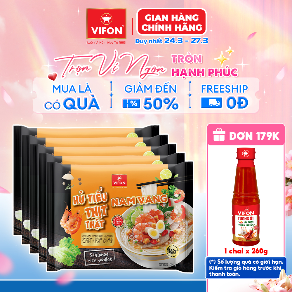 [VOUCHER HOT 15%] Set 5/ Set 10 Gói Hủ Tiếu Thịt Thật Hủ Tiếu Nam Vang/ Hủ Tiếu Sườn Heo VIFON 90gr/gói