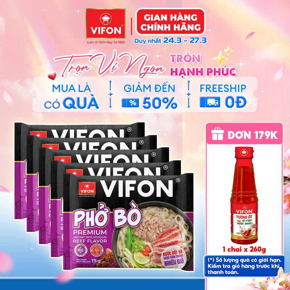 [Voucher 15%] Set 5 Gói Phở Thịt Thật Bò/Gà VIFON - Sợi Dai Ngon, Đầy Đủ Dinh Dưỡng, 90g/Gói