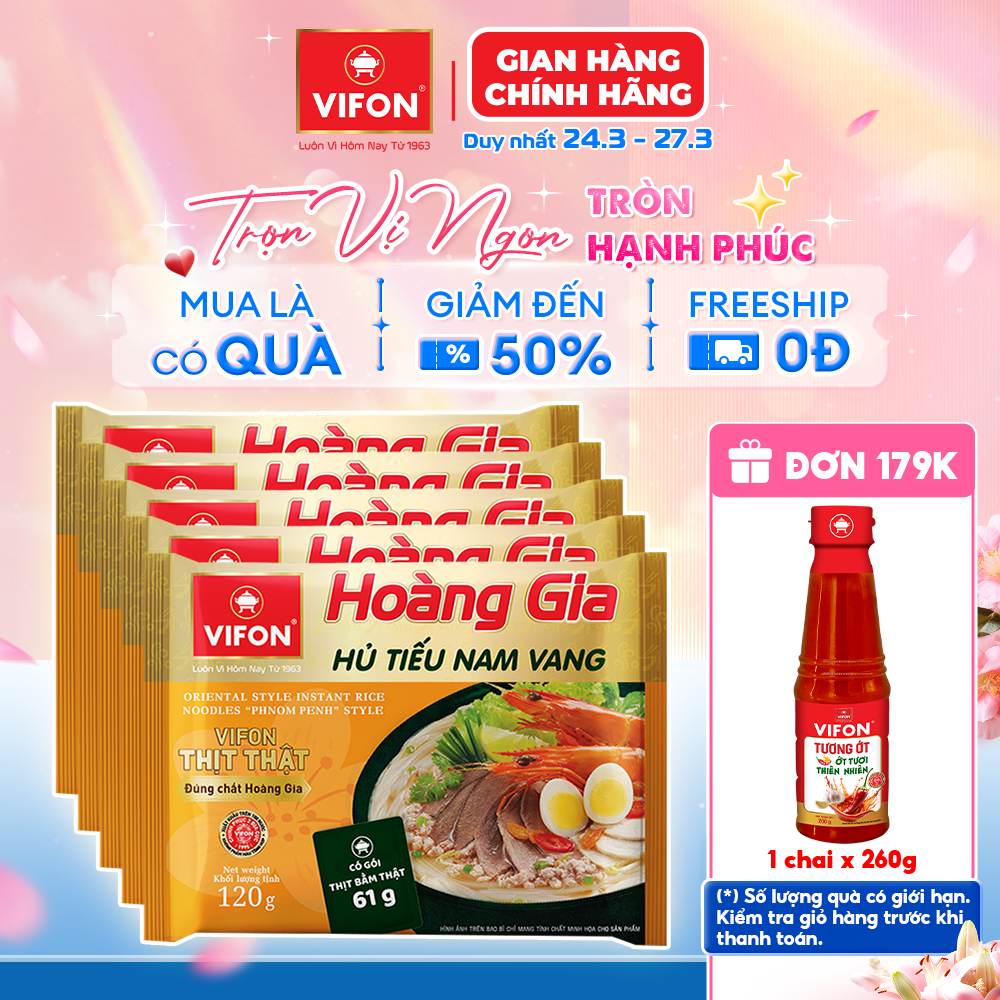 Set 5 gói Hoàng Gia Bún bò Huế/Bánh đa cua/Phở bò/Phở gà/Hủ tiếu nam vang/Miến thịt bằm/Miến cua VIFON