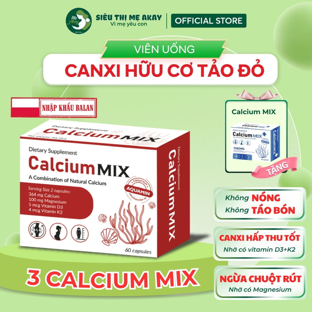 Canxi hữu cơ Calcium Mix, bổ sung canxi cho bà bầu + D3 K2 Magie, không nóng táo, ngừa chuột rút 60v