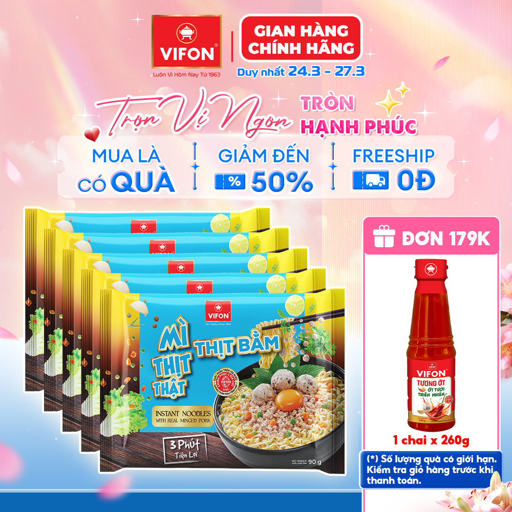 [Voucher 15%] Set 5 Gói Mì Thịt Thật Thịt Bằm/Bò Cay/Riêu Cua VIFON - Thơm Ngon, 90g/Gói