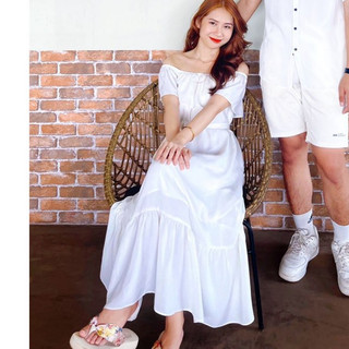 Đầm Trễ Vai Cao Cấp Màu Trắng Bồng Bềnh Tinh Khiết (Thiết Kế Maxi Đẹp Size Đến 80Kg)