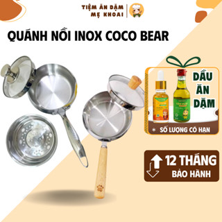 Quánh Inox 304 Nguyên Khối Coco Bear, nồi inox 3 Đáy Dày, Nắp Kính Cường Lực, An Toàn Cho Bé Ăn Dặm