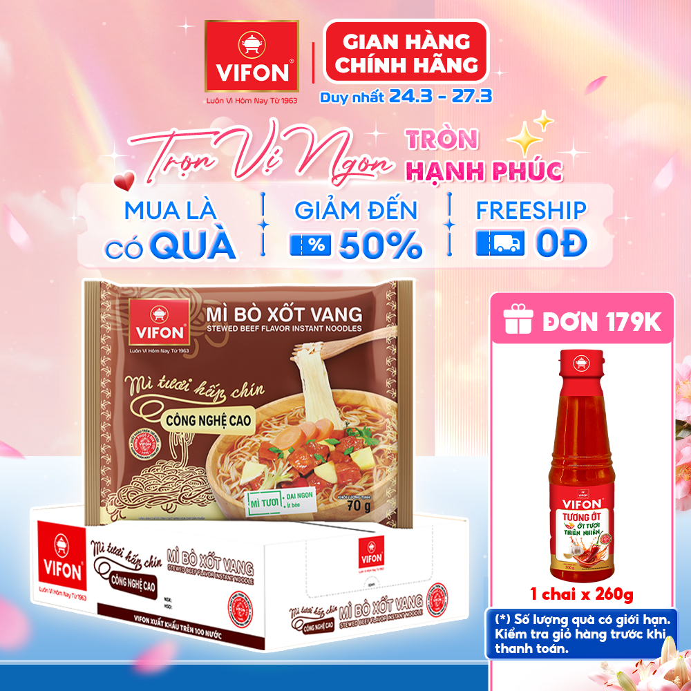[VOUCHER 15%] Thùng 30 gói Mì Tươi Bò Xốt Vang/ Thịt Bằm / Tôm Chua Cay VIFON 70gr/Gói