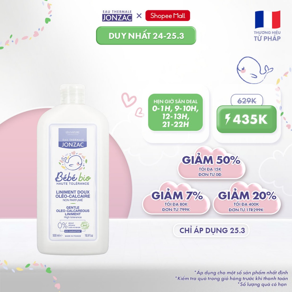 Dung dịch vệ sinh chống hăm tã hữu cơ JONZAC - Giữ ẩm làm mềm nuôi dưỡng làn da bé (500Ml-1L)