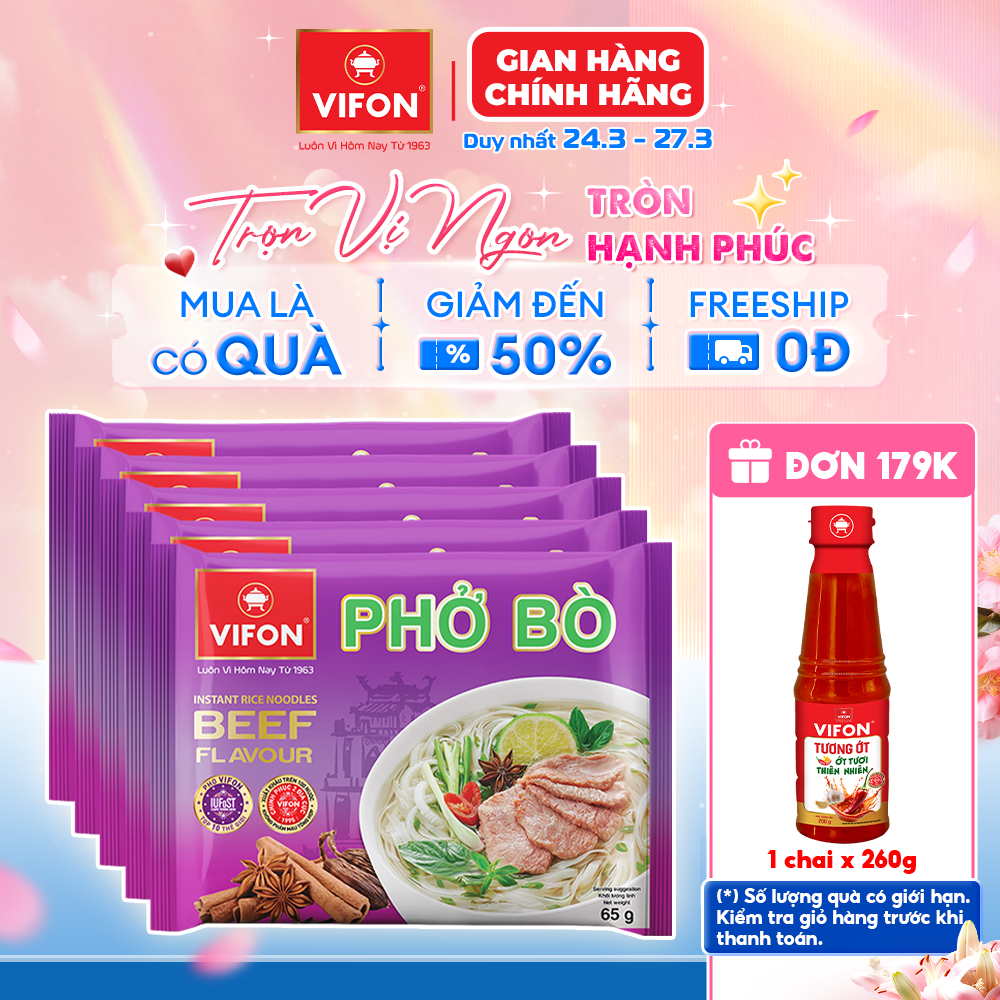 [Voucher 15%] Set 5 Gói Phở Vị Bò/Gà/Chay Rau Nấm VIFON - Sợi Dai Mềm, Đậm Đà, 65g/Gói