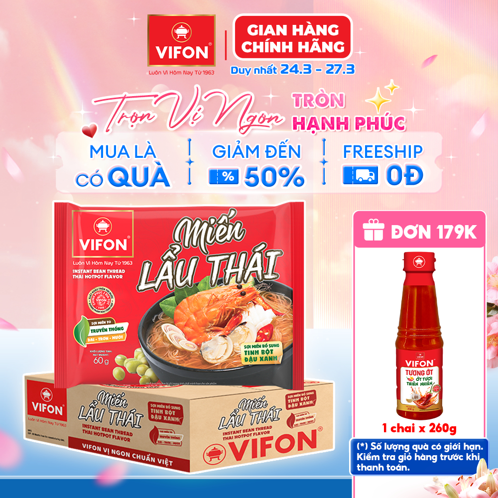 [VOUCHER 15%] Thùng 24 Gói Miến VIFON 58g-60g (Vị Lẩu Thái/ Măng Vịt/ Sườn Heo) Sợi Dai