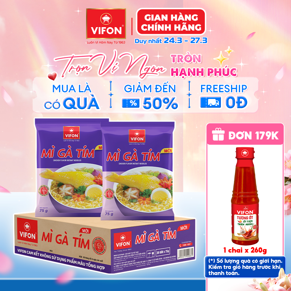 [Voucher 15%] Thùng 30 Gói Mì Gà Tím VIFON - Sa Tế Thơm Nồng, Đậm Đà Thơm Ngon 75g/Gói