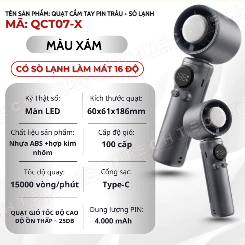 Quạt Cầm Tay Mini Sò Lạnh, Pin 4500mAh Cực Trâu, 100 Cấp Độ Gió Quạt, Màn Hình LED | BigBuy360 - bigbuy360.vn