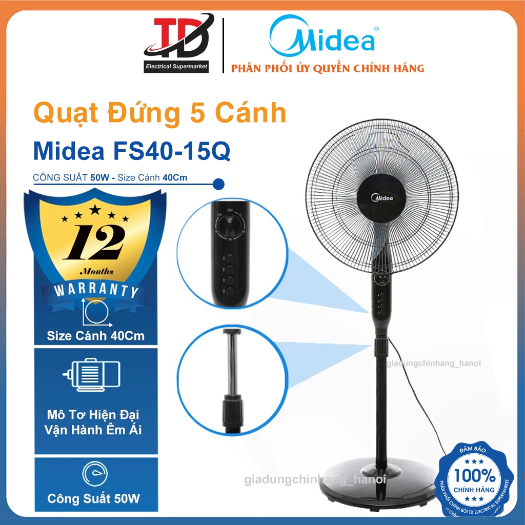 Quạt Đứng Midea FS40-15Q, 5 Cánh 40Cm, Động Cơ Bạc Thau, Hàng Chính Hãng
