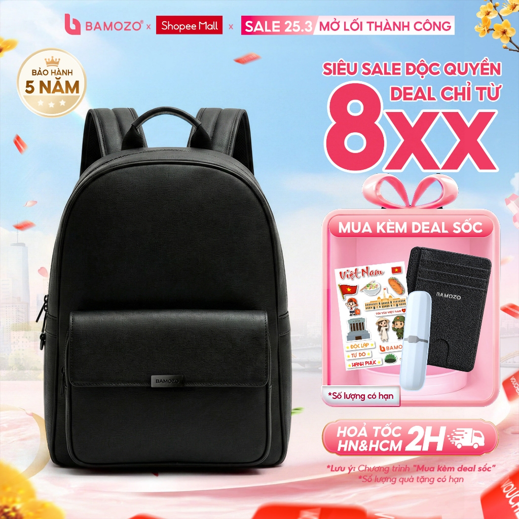 Balo da nam đi học đi làm Bamozo MORA da PU Saffiano form cứng chống xước, chống nước, đựng laptop 1