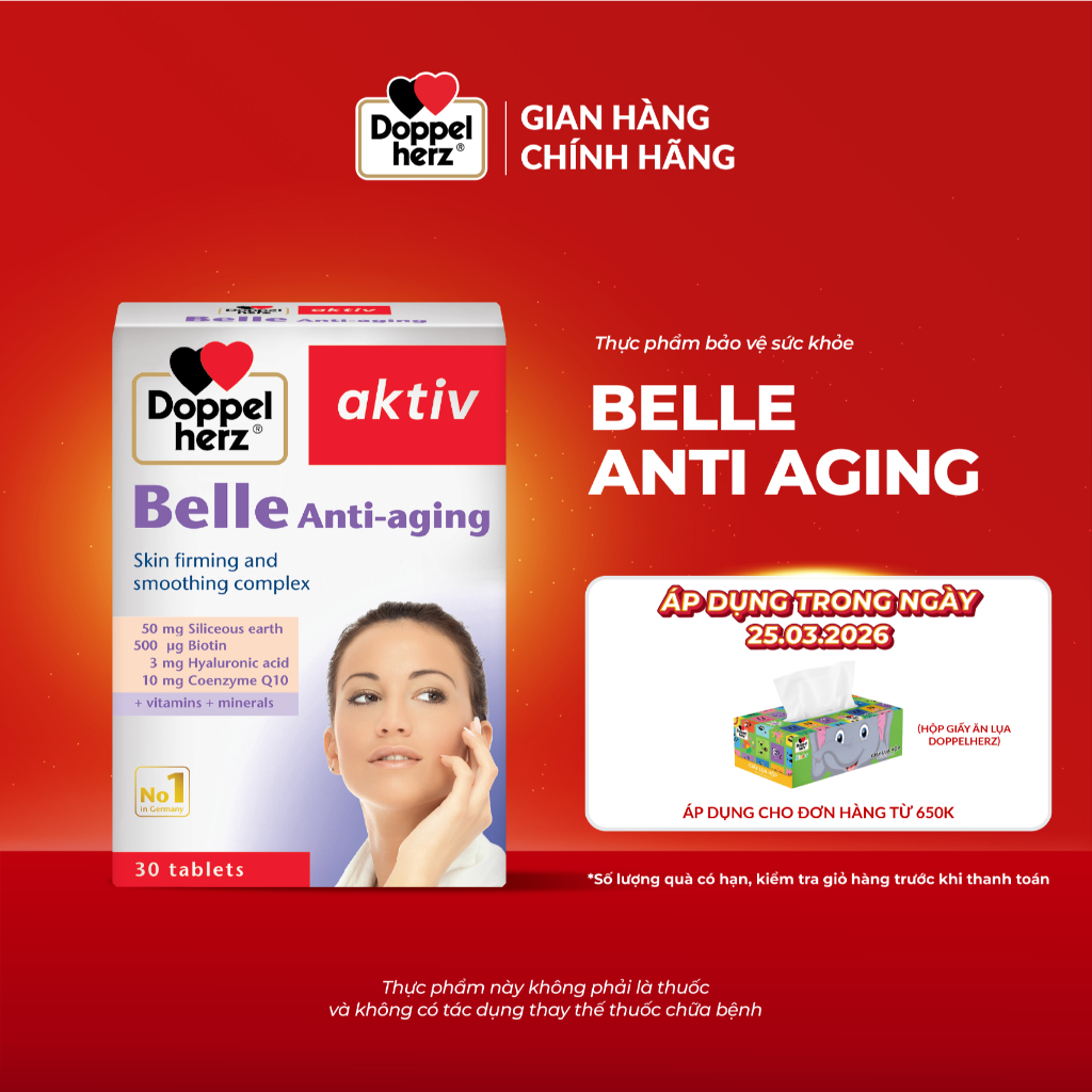 Viên uống đẹp da Doppelherz Belle Anti Aging hỗ trợ làm chậm quá trình lão hoá da, đẩy lùi nám da, nếp nhăn (Hộp 30v)