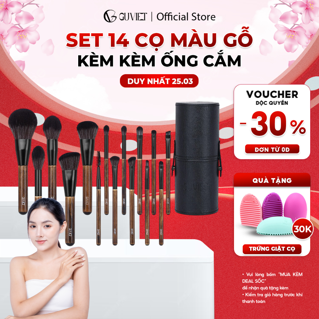 Bộ cọ trang điểm cá nhân GUVIET màu gỗ gồm 14 cọ đi kèm ống cắm đen