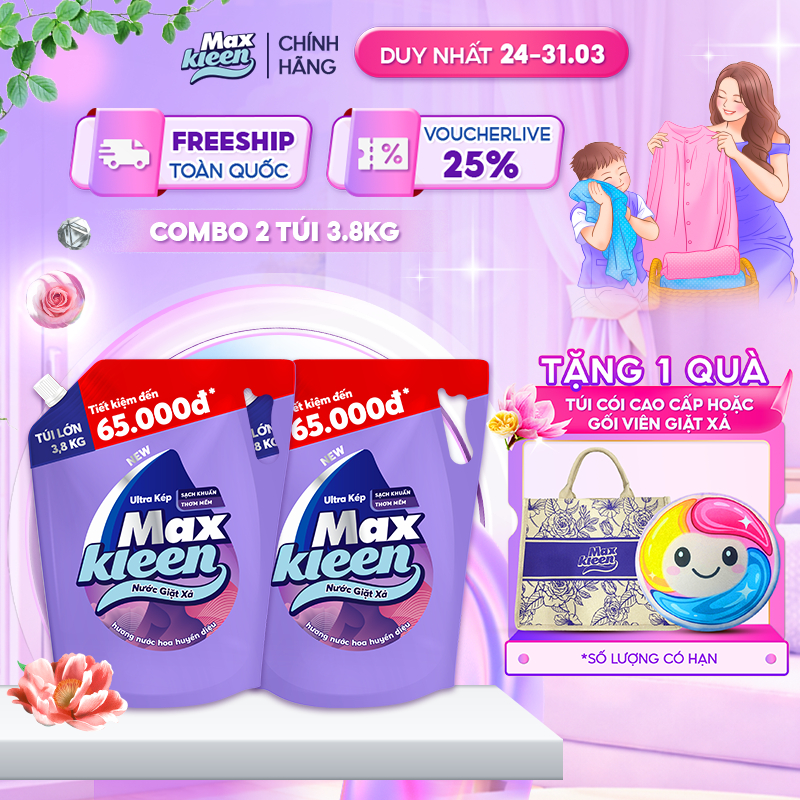 Combo 2 Túi Nước Giặt Xả MaxKleen Hương Nước Hoa Huyền Diệu 3.8kg/Túi