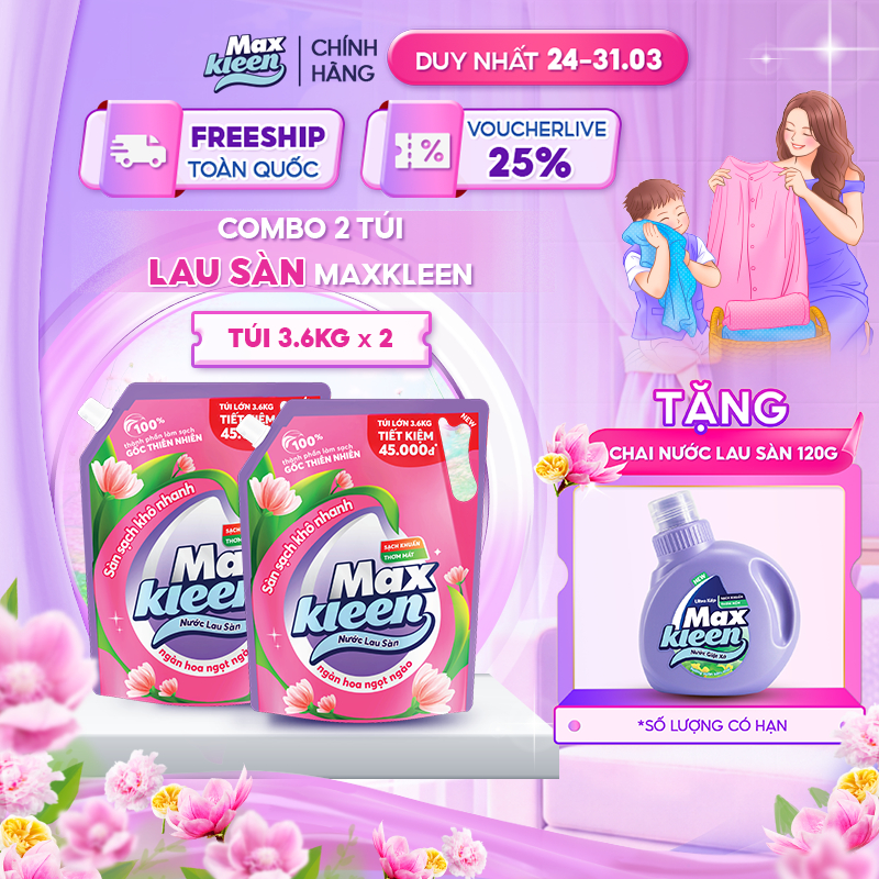 Combo 2 Túi Nước Lau Sàn MaxKleen hương Ngàn hoa ngọt ngào 3.6kg/túi