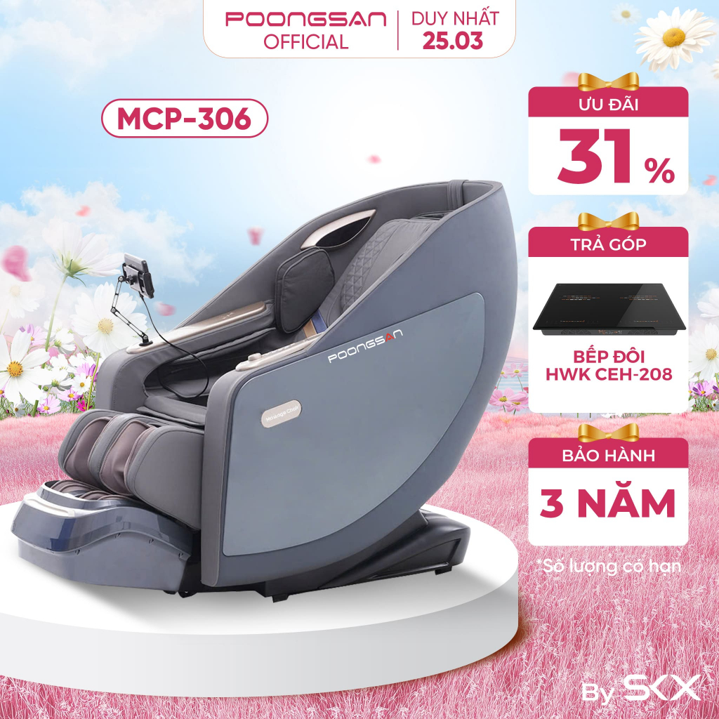 [DEAL MỪNG 8/3] Ghế Massage POONGSAN MCP-306 Con Lăn 4D + 20 Kỹ Thuật Scan Body AI + Nhiệt Hồng Ngoại
