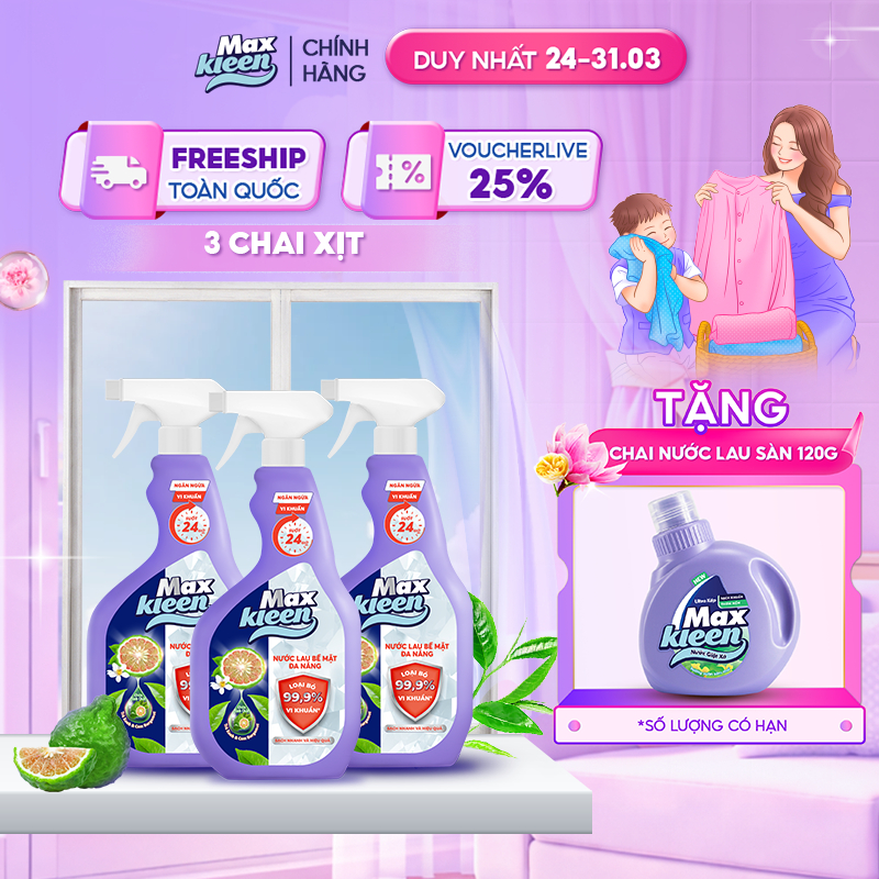 Combo 3 Chai Nước Lau Bề Mặt Đa Năng MaxKleen (520ml/chai)