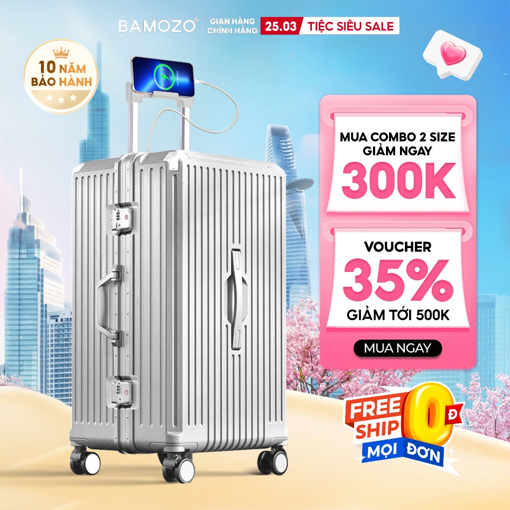 Vali Khung Nhôm Khóa Sập Bamozo Size 22/24/28 Cao Cấp Tăng Sức Chứa Hành Lý - Bảo Hành 10 Năm_ULTRAP