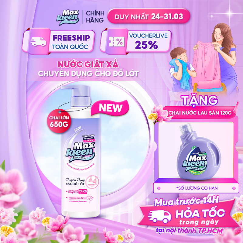 [Mới] Nước Giặt Xả MaxKleen chuyên dụng cho đồ lót chai 650g Hương hoa mẫu đơn thanh khiết