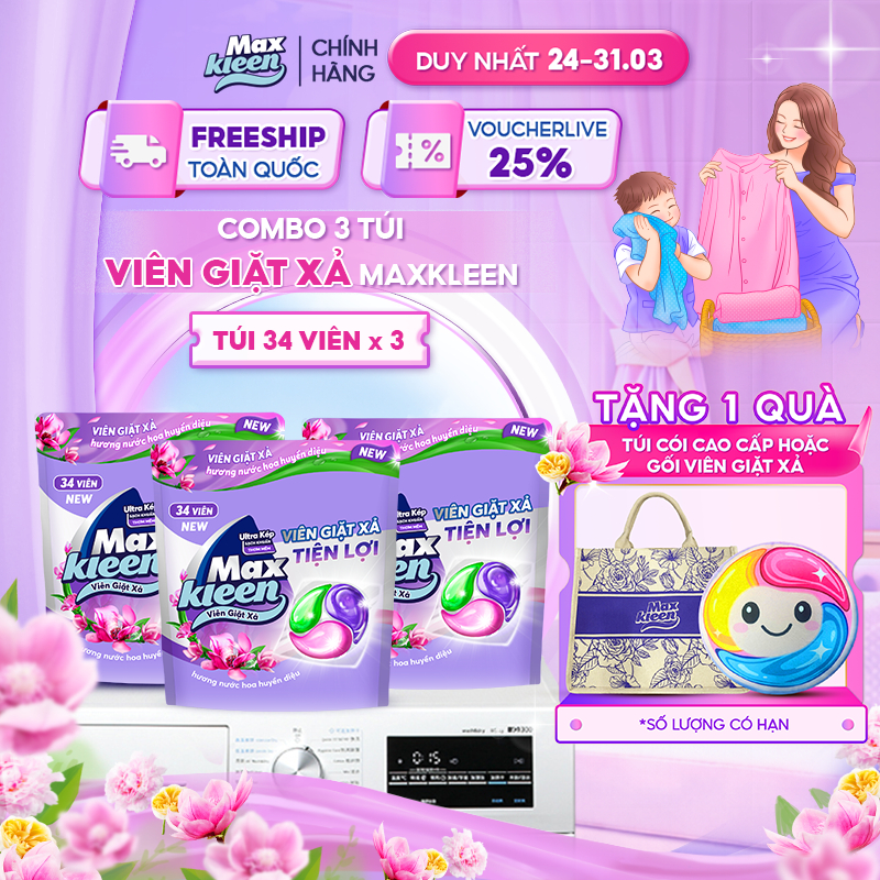 Combo 3 Túi Viên Giặt Xả MaxKleen Hương Nước Hoa Huyền Diệu (34 Viên/Túi)