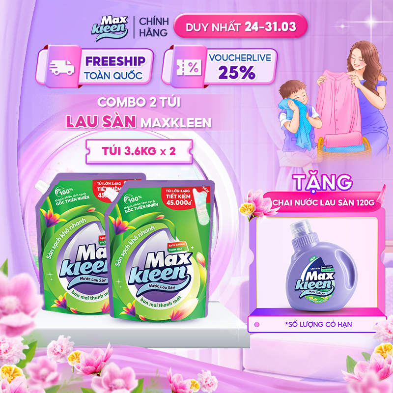 Combo 2 Túi Nước Lau Sàn MaxKleen hương Ban mai thanh mát 3.6kg