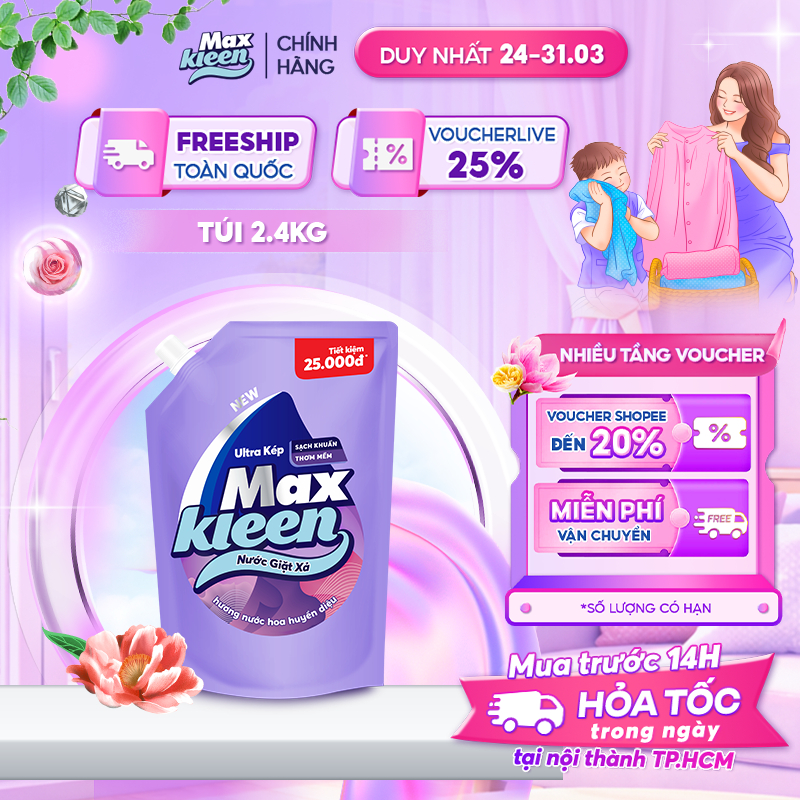 Túi Nước Giặt Xả MaxKleen Hương Nước Hoa Huyền Diệu 2,4kg