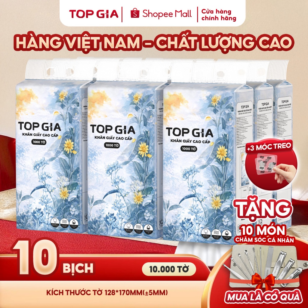 (MUA 10 TẶNG 10 MÓN PHỤ KIỆN) Khăn giấy cao cấp Mộc an Topgia hàng Việt Nam 4 lớp, dày dặn  tặng bộ bấm móng tay