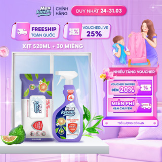 Combo MaxKleen: Nước Lau Bề Mặt Đa Năng 520ml + Khăn Ướt Lau Bề Mặt Đa Năng 30 miếng