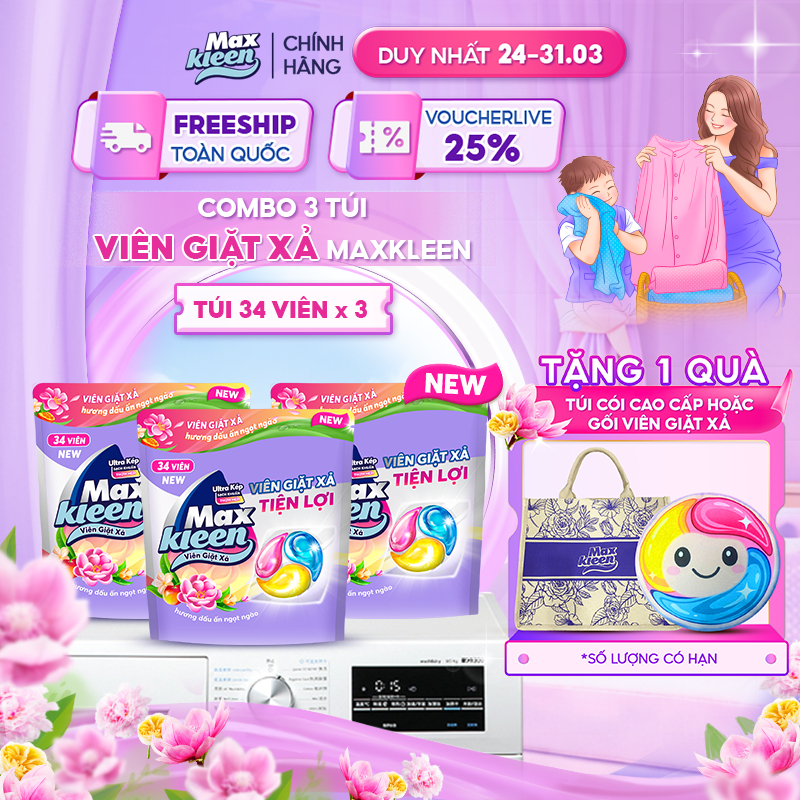 [Mới] Combo 3 Túi Viên Giặt Xả MaxKleen Hương Dấu Ấn Ngọt Ngào (34 viên/Túi)