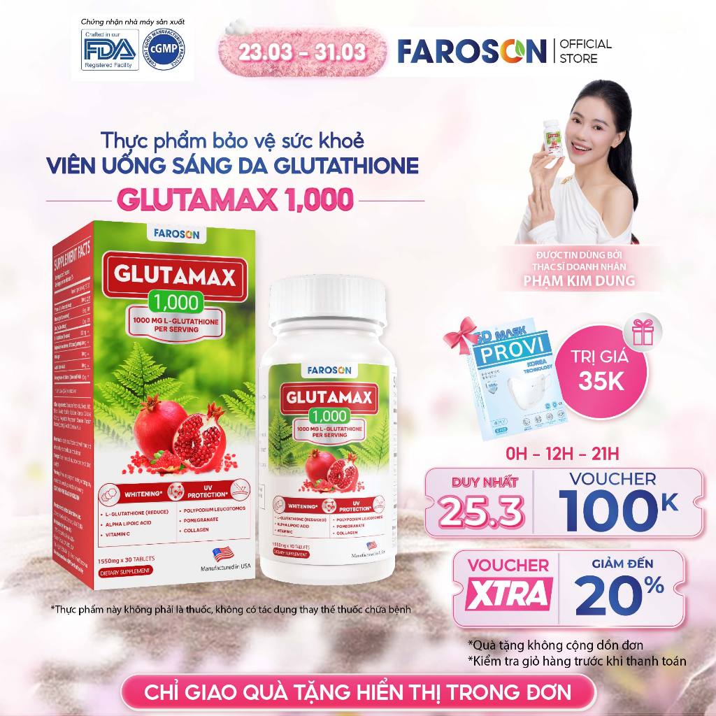 TPBVSK Viên Uống Trắng Da Glutathione Faroson Glutamax 1000 Sáng Da Giảm Nám Chống Nắng Hộp 30 Viên