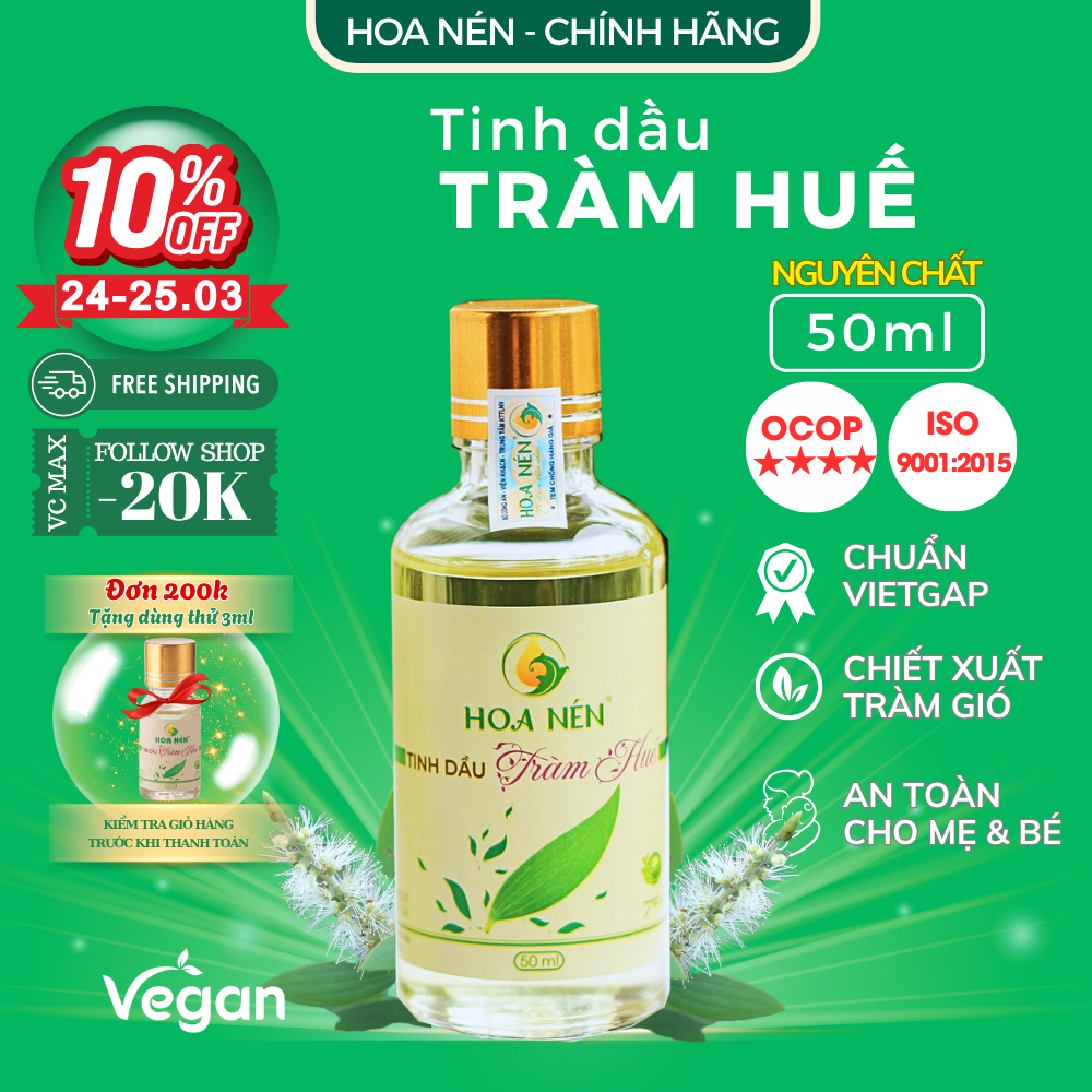 Tinh dầu Tràm Huế nguyên chất - Hoa Nén - Chuẩn VietGAP - Chăm sóc an toàn cho mẹ bé sơ sinh - 50ml
