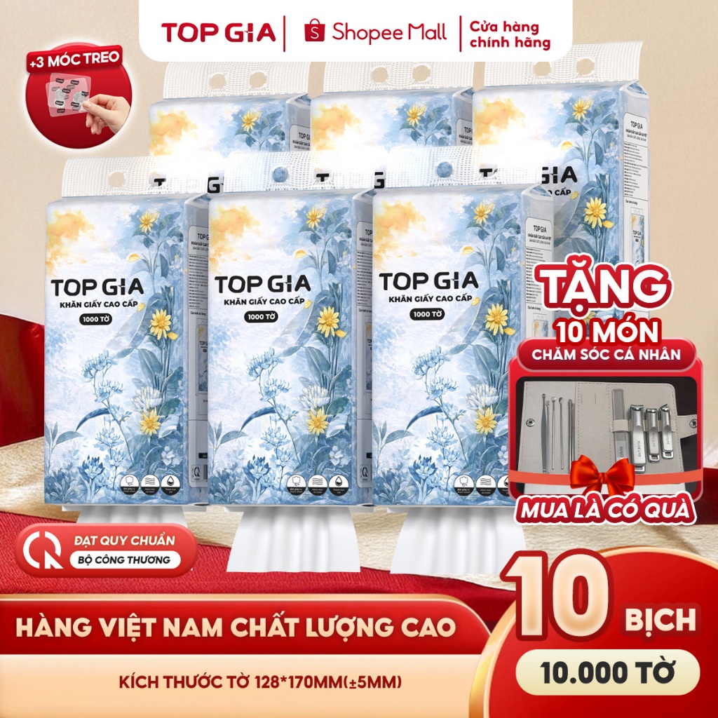 (BAO BÌ MỚI) Khăn giấy rút treo tường Mộc an TopGia 1000 tờ tặng bộ 10 món chăm sóc móng, 4 lớp mềm mịn, dày dặn