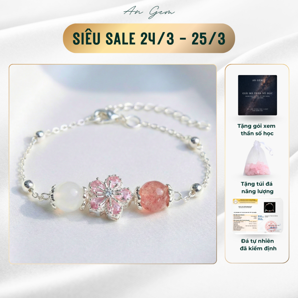 Vòng tay nữ đá tự nhiên mix charm móc cài Spring Kiss , lắc tay đá phong thủy năng lượng tích cực An Gem phối charm