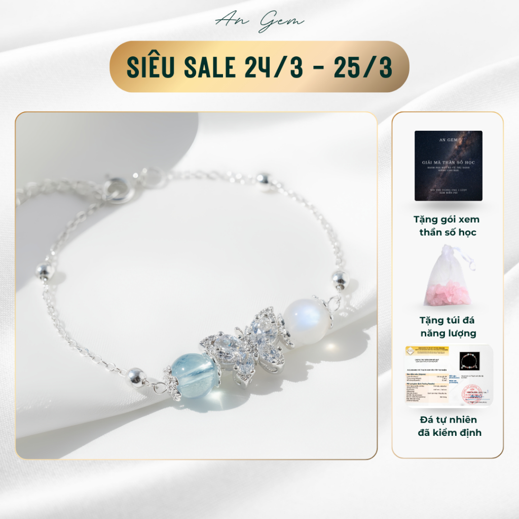 Vòng tay nữ An Gem Luna Butterfly mix charm hồ điệp trắng đá tự nhiên Moon, dâu hồng, aqua xà cừ phù hợp quà tặng cho nữ