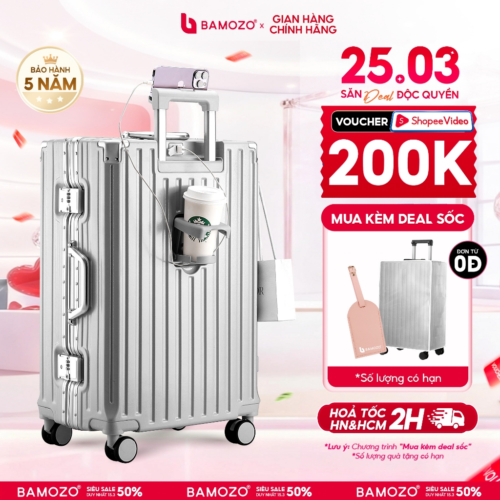 Vali Khung Nhôm Khóa Sập Bamozo Size 20/24/28 Bịt Góc Kim Loại Chống Va Đập Bảo Hành 5 Năm_9066