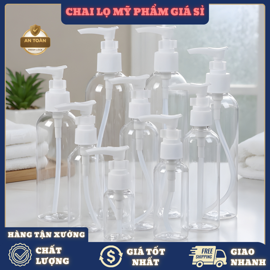 Chai Nhựa PET Vòi Nhấn Thân Trong 20ml–250ml Chai Chiết Dầu Gội, Sữa Tắm,Gel Rửa Tay Mỹ Phẩm Du Lịch