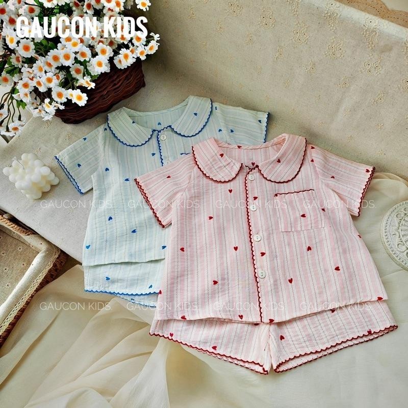 Bộ đồ mặc nhà cho bé gái cổ tròn thêu chất liệu thô đũi hoạ tiết cho bé 8-30kg - B193 - Gauccon Kids