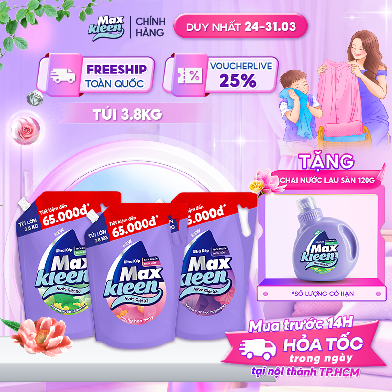 Túi Nước Giặt Xả MaxKleen 3.8kg Hương Nước hoa huyền diệu/ Hoa nắng/ Vườn sớm mai