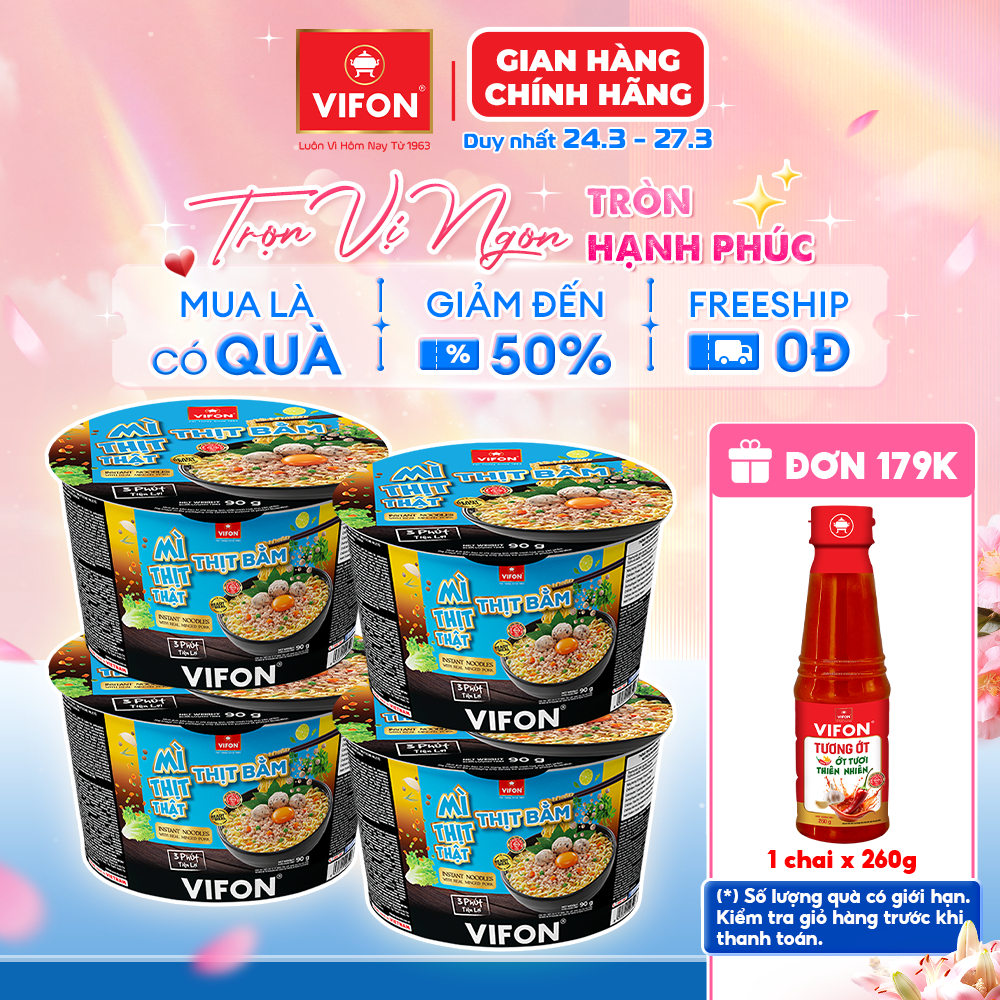 [VOUCHER HOT 15%] Set 4 Tô Mì Thịt Thật Thịt Bằm/ Mì Riêu Cua/ Mì Bò Cay 90gr/ Tô, Có Gói Thịt Thật, Tiện Lợi