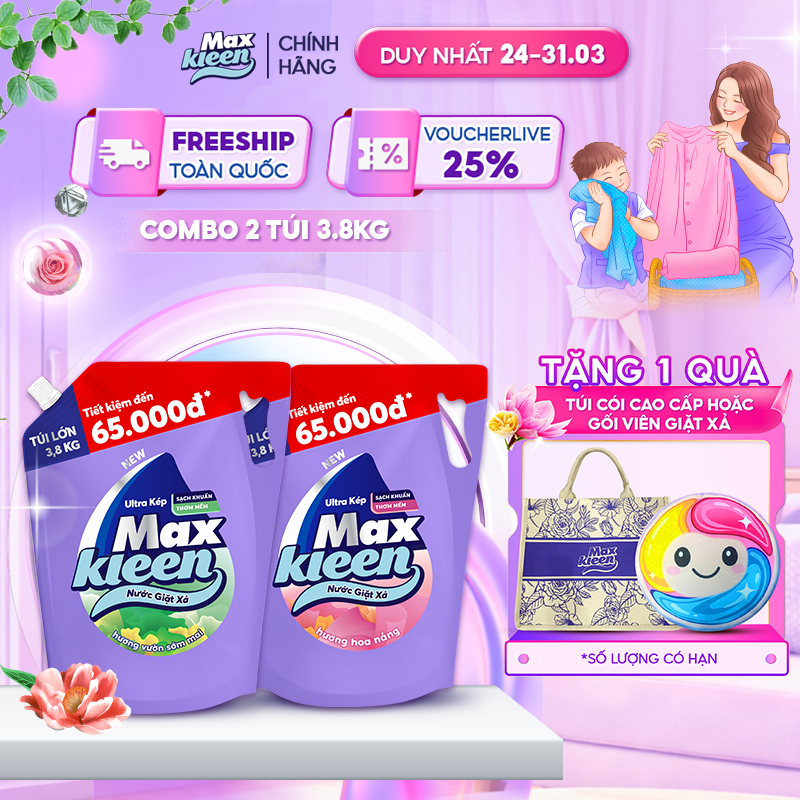 Combo 2 Túi nước giặt xả MaxKleen Vườn Sớm mai + Hoa nắng 3.8kg/túi