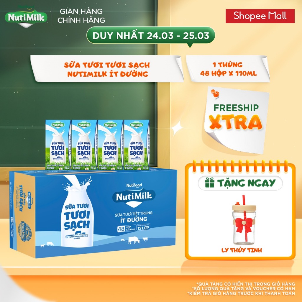 Thùng 48 Hộp Sữa Tươi Tươi Sạch NutiMilk 110ml/hộp Ít Đường