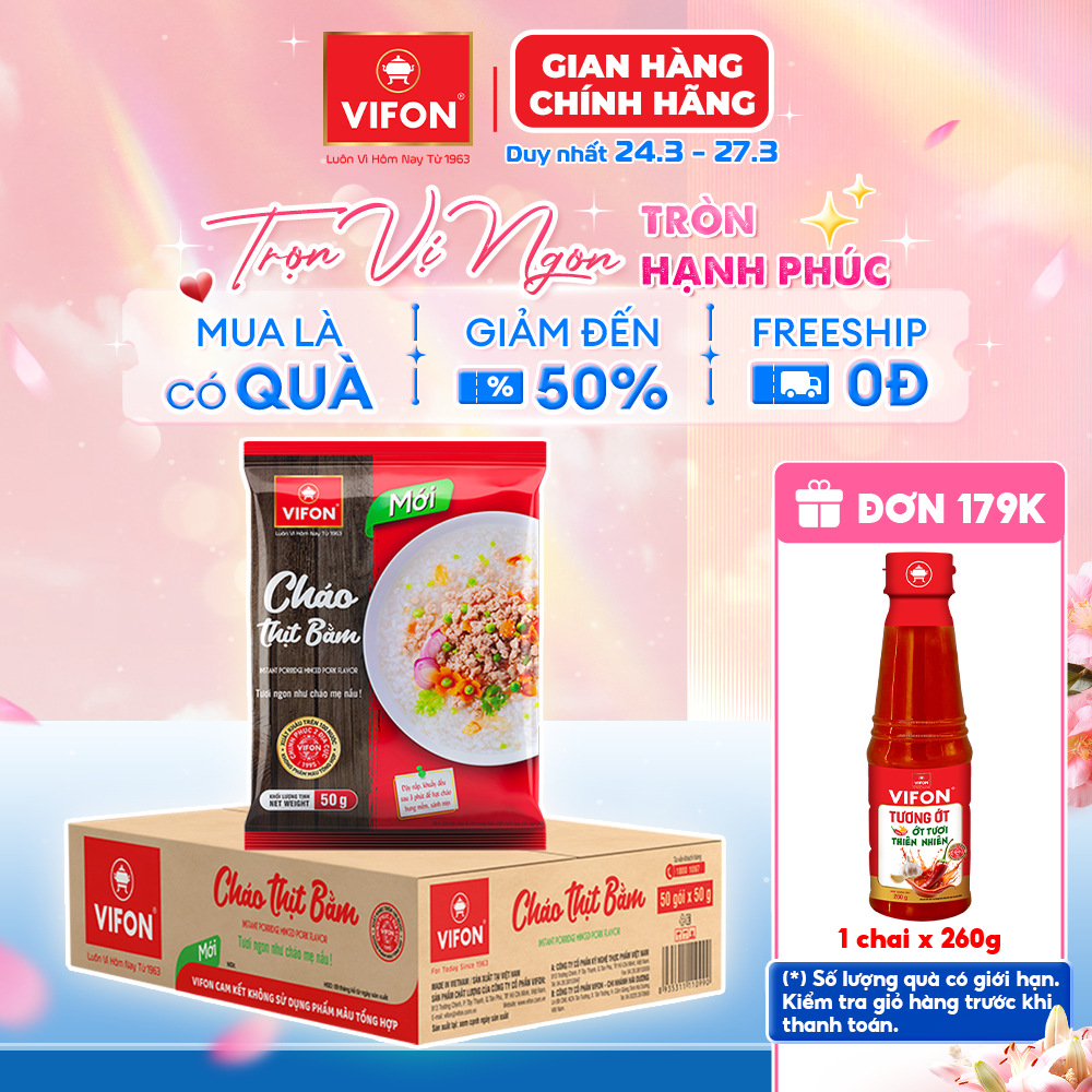 [Voucher 15%] Thùng 50 Gói Cháo Thịt Bằm/Cháo Gà/Cháo Cá VIFON - Vị Ngon Tự Nhiên, 50g/Gói
