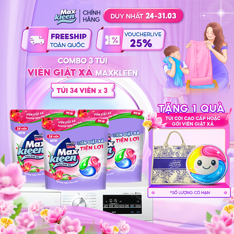 Combo 3 Túi Viên Giặt Xả MaxKleen hương ngày thư thái (34 viên/túi)