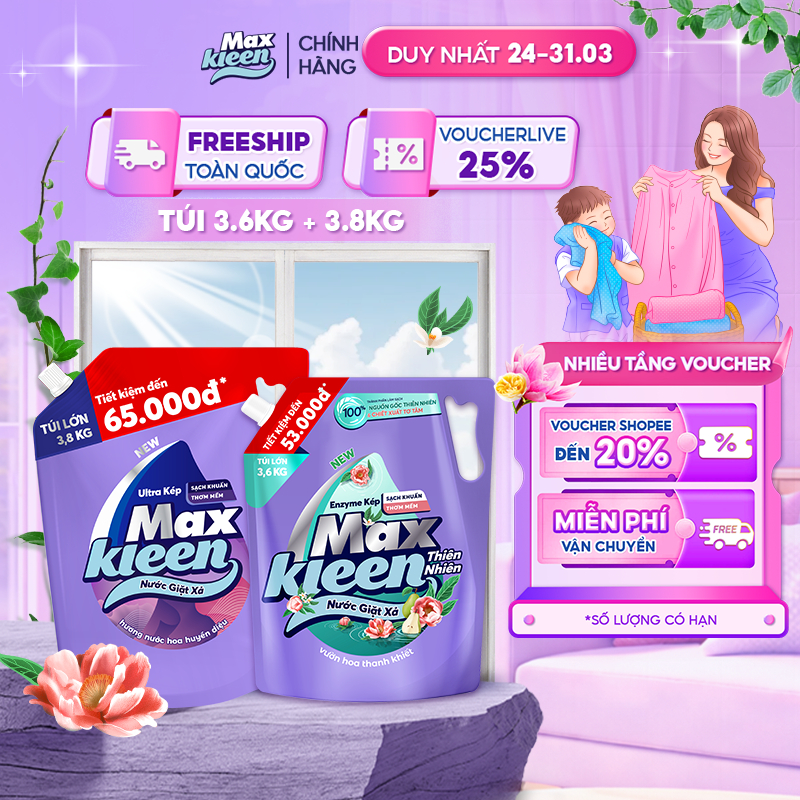 Combo 2 Túi nước giặt xả MaxKleen Thiên nhiên 3.6kg + Huyền diệu 3.8kg