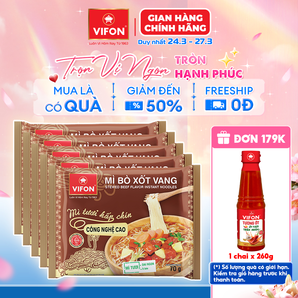 [Voucher 15%] Set 5 Gói Mì Tươi Bò Xốt Vang/Thịt Bằm/Tôm Chua Cay VIFON - Sợi Dai Ngon, 70g/Gói