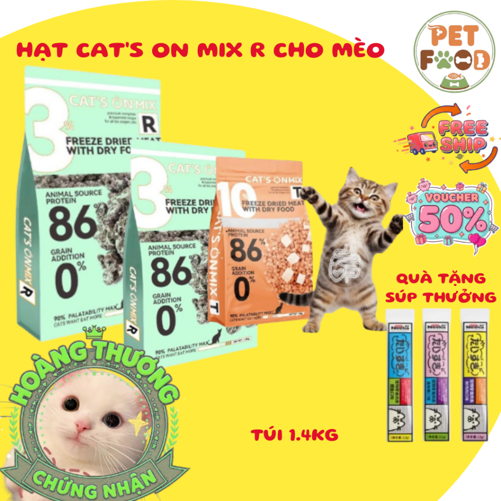 [HỎA TỐC] Hạt Cat's On Mix R Cho Mèo, Hạt Hạt Cat's On Mix T Cho Mèo CatsOn Topping Rắc Thịt Sấy