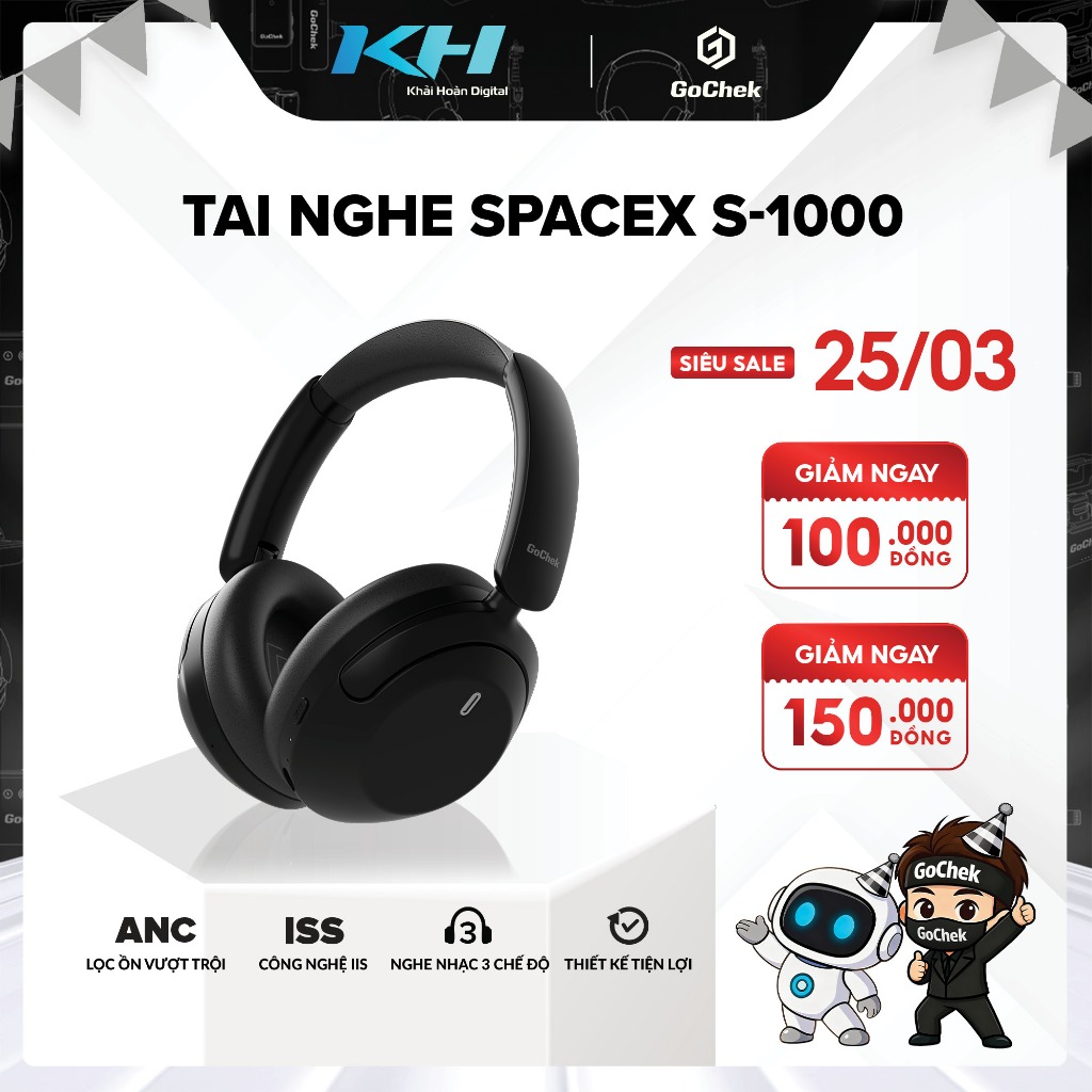 Tai nghe Bluetooth chụp tai GoChek SpaceX S-1000 – nghe nhạc 3 chế độ với Hi-Res Audio, chống ồn chủ động ANC, pin 125h